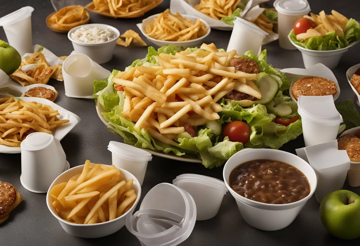 A pile of fast food wrappers and empty soda cups surround a neglected salad and fruit bowl. A sluggish, bloated body slumps on the couch, surrounded by greasy takeout containers