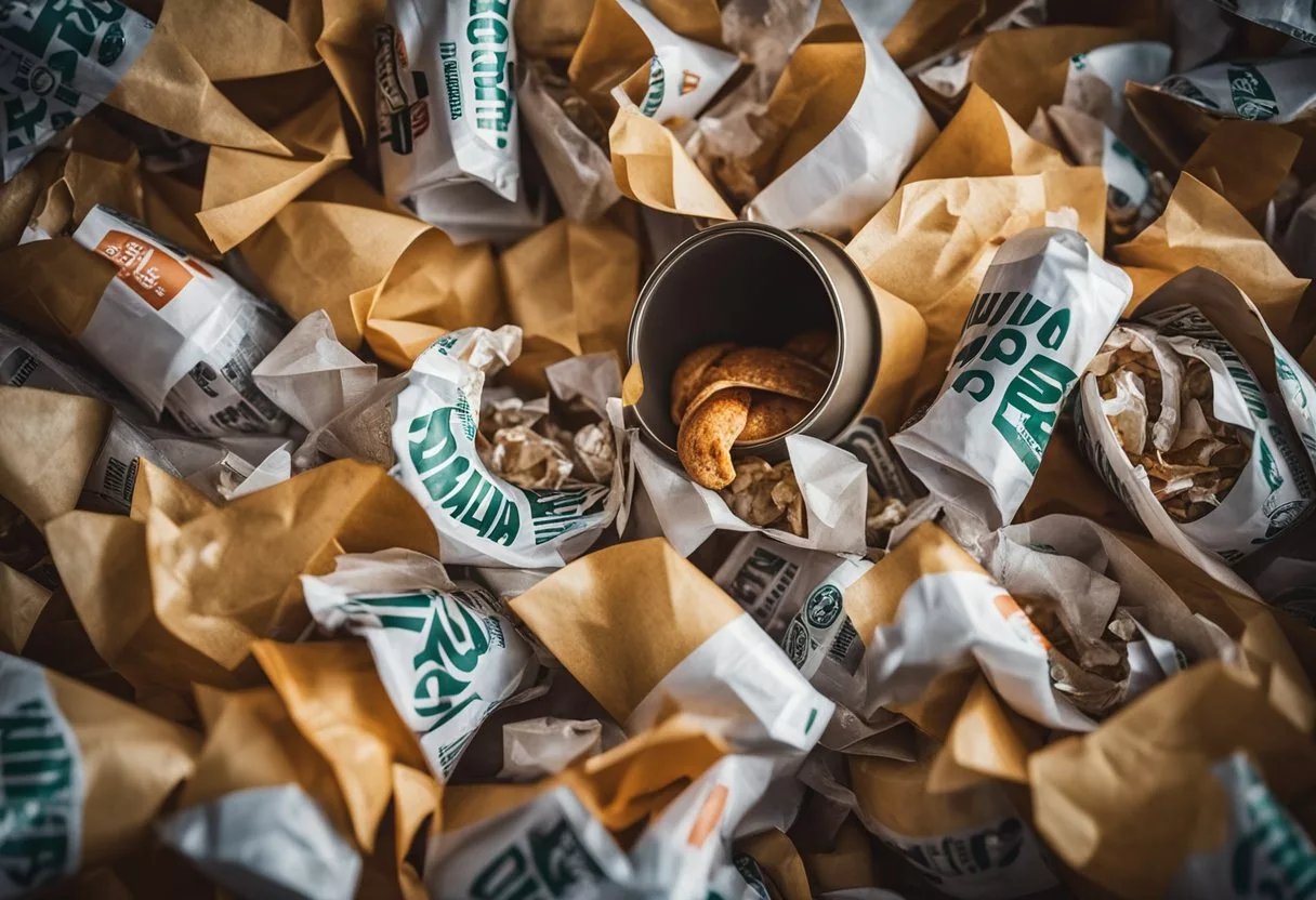 A pile of fast food wrappers overflowing from a trash can, with soda cups and greasy paper bags scattered around