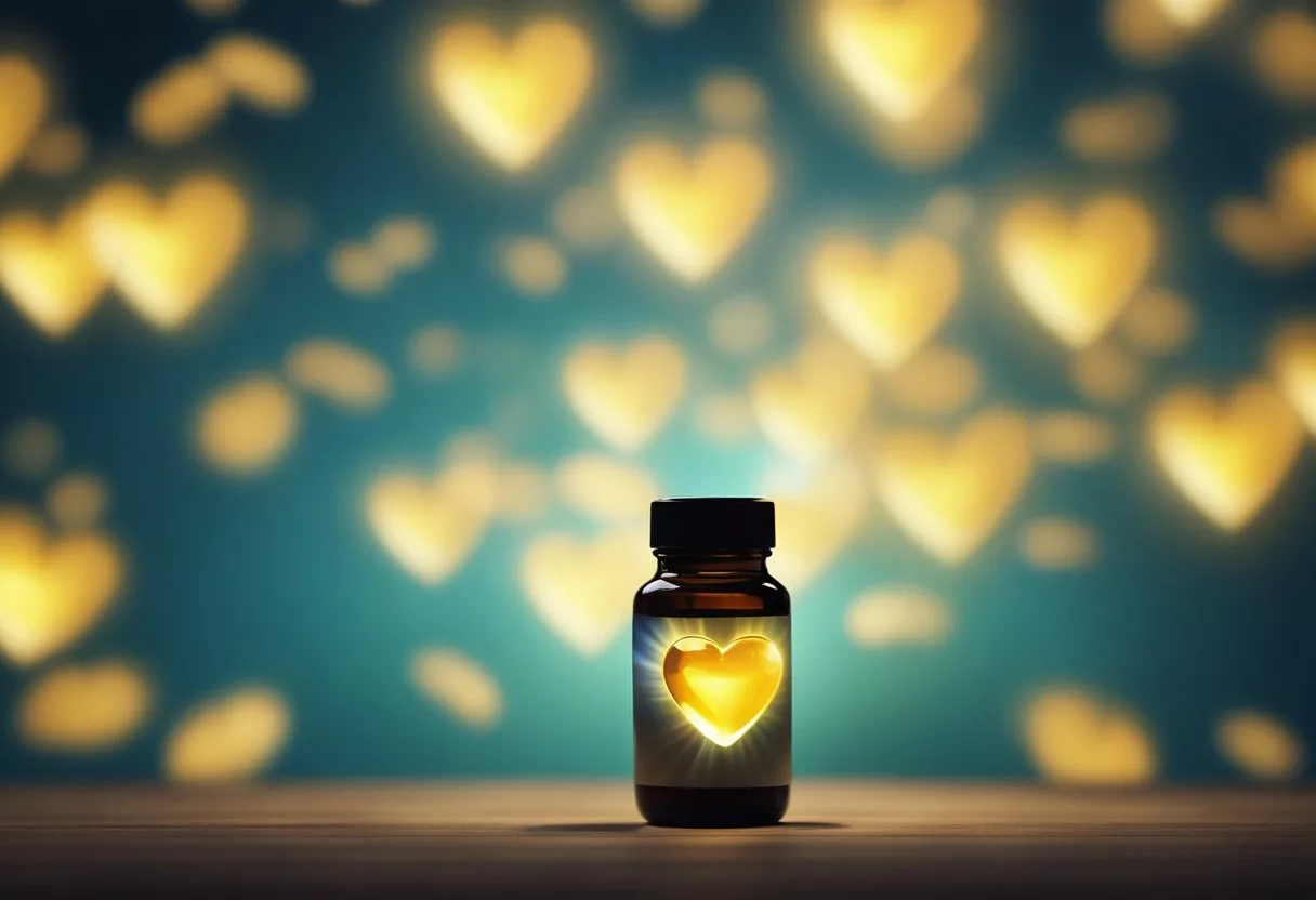 A bottle of fish oil capsules surrounded by a glowing aura, with a heart symbol above it and a trail of energy leading to a healthy heart