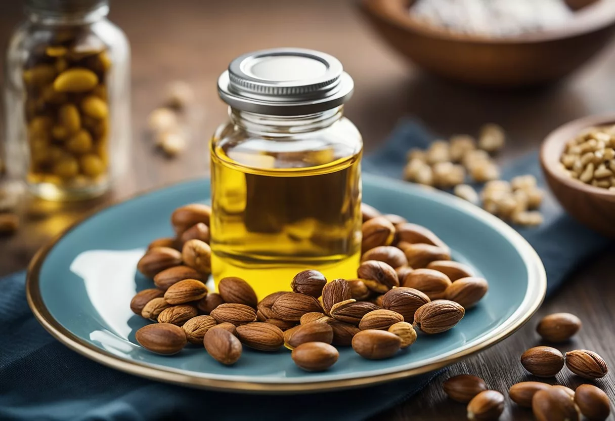 A bottle of fish oil capsules sits next to a plate of salmon, walnuts, and flaxseeds. A person takes a capsule daily, and their body feels healthier and more energetic