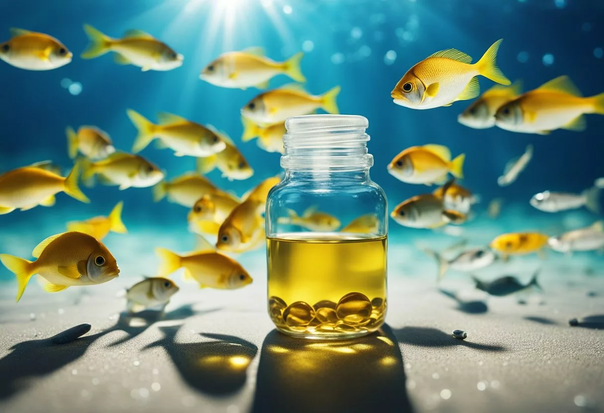 The scene shows a bottle of fish oil capsules surrounded by various types of fish swimming in a clear, blue ocean. Rays of sunlight penetrate the water, highlighting the benefits of fish oil for the eyes and overall health