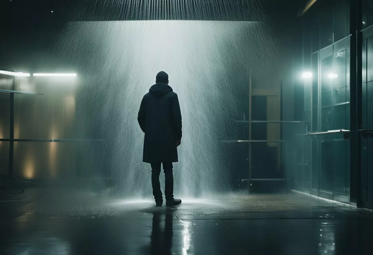 A figure standing under a cold shower, with steam rising and a shivering sensation, surrounded by water droplets and a feeling of invigoration