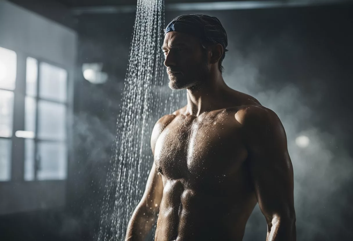 A person standing under a cold shower, with steam rising from their body and their muscles tensing up in response to the cold water