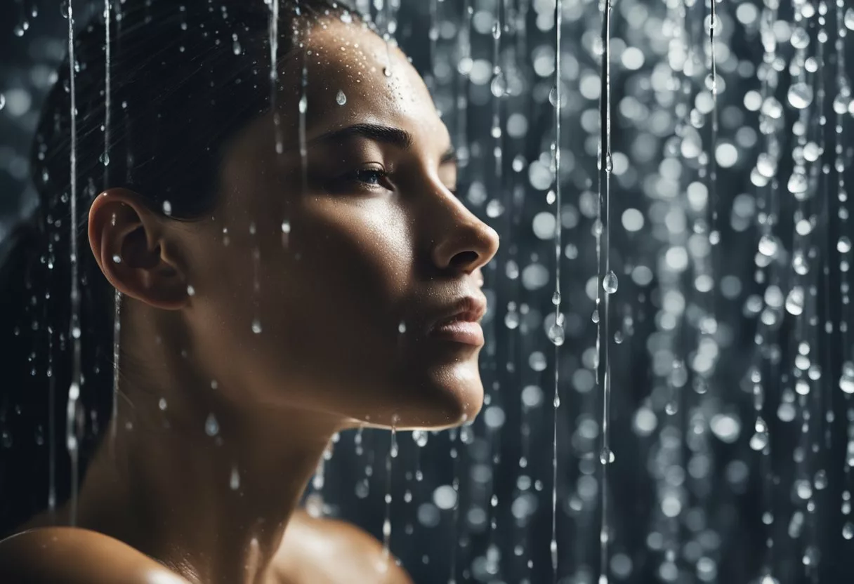 A person stands under a cold shower, water droplets glistening on their skin. The cold water invigorates the body, promoting circulation and tightening the pores, leaving the skin looking refreshed and revitalized