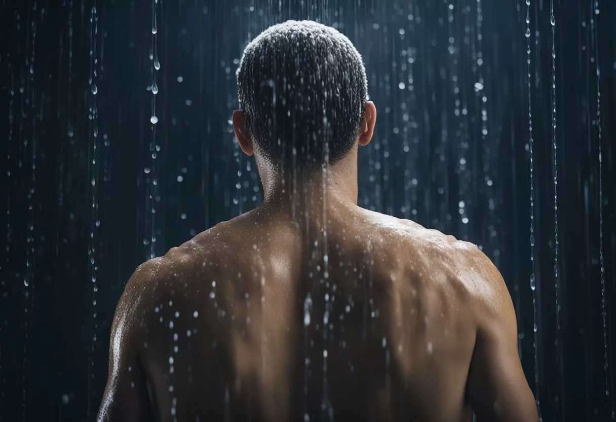 A person standing under a cold shower, shivering as their body reacts to the sudden change in temperature. Sweat and steam from the shower mixing in the air