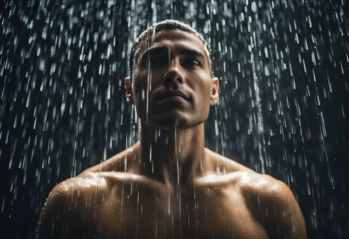 A person standing under a cold shower, feeling refreshed and invigorated as the water cascades over them, their body awakening and their mind feeling clear and focused