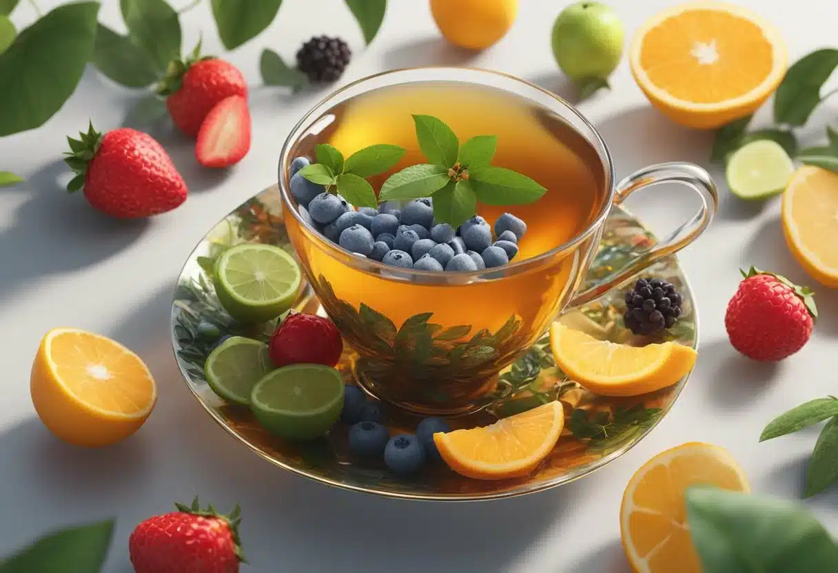 A teacup filled with antioxidant-rich tea surrounded by various types of tea leaves and colorful fruits