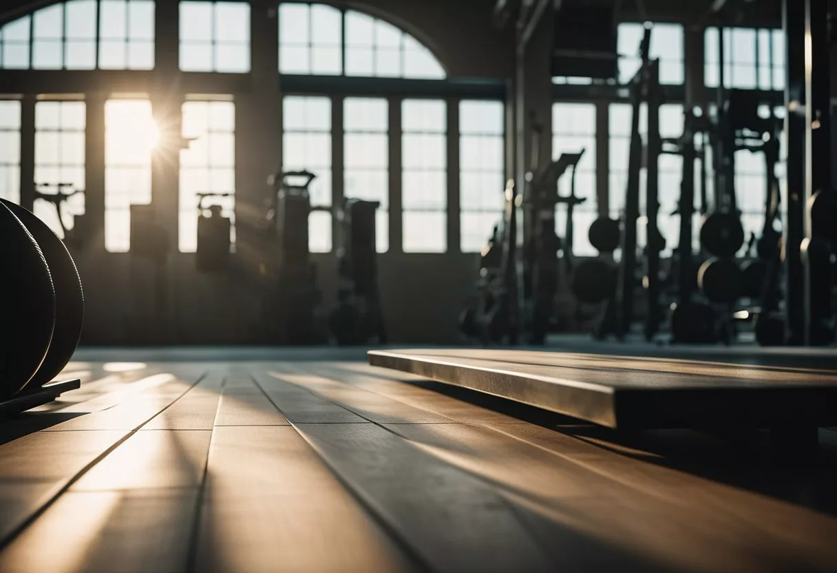 A serene, empty gym with a spotlight on a sturdy plank. Rays of light illuminate the plank, showcasing its importance in a fitness routine