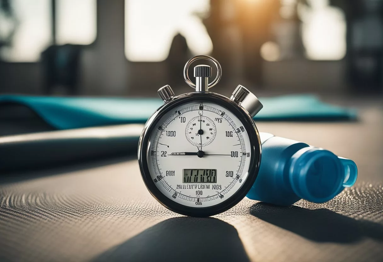 A stopwatch beside a yoga mat with a water bottle, showing daily progression from 1 to 5 minutes