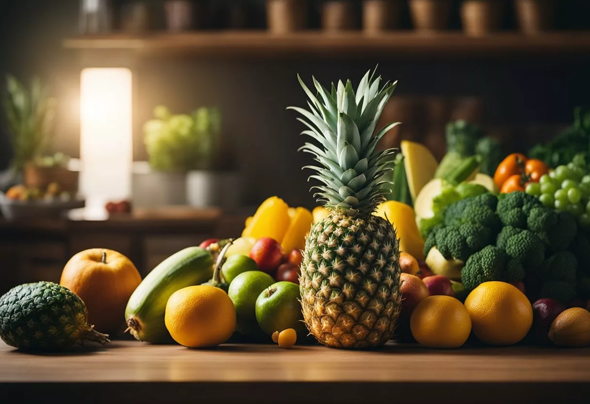 A pineapple sits on a table, surrounded by various fruits and vegetables. A beam of light shines on it, emphasizing its vibrant colors and tempting appearance