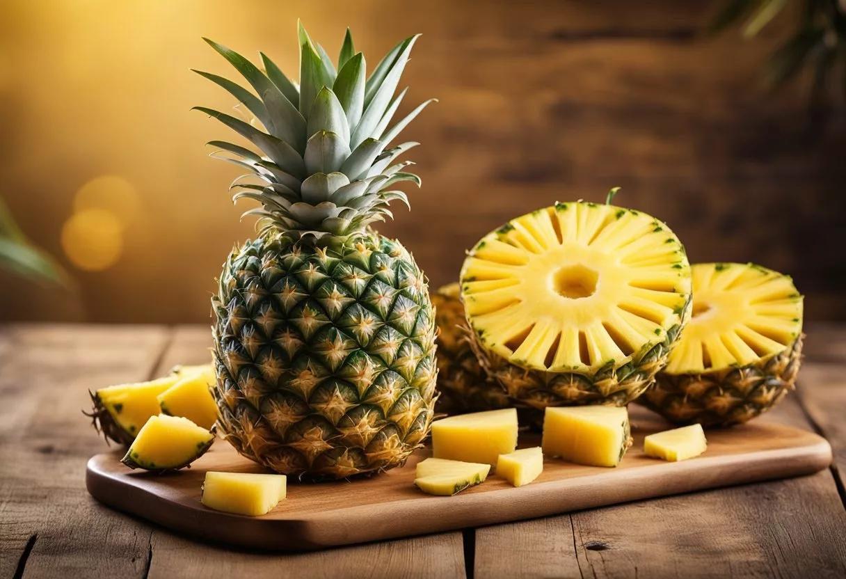 A ripe pineapple sits on a wooden cutting board, surrounded by slices and chunks. A bright, sunny background highlights the vibrant yellow color and juicy texture of the fruit