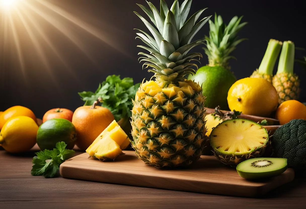 A ripe pineapple sits on a wooden cutting board, surrounded by various fruits and vegetables. A bright spotlight shines on it, highlighting its vibrant yellow color and prickly skin