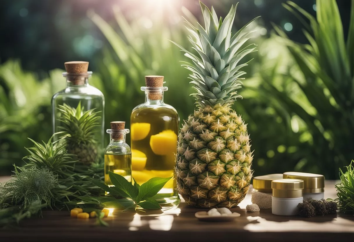 A pineapple surrounded by traditional medicinal herbs and modern medicine bottles, with a glowing aura around it