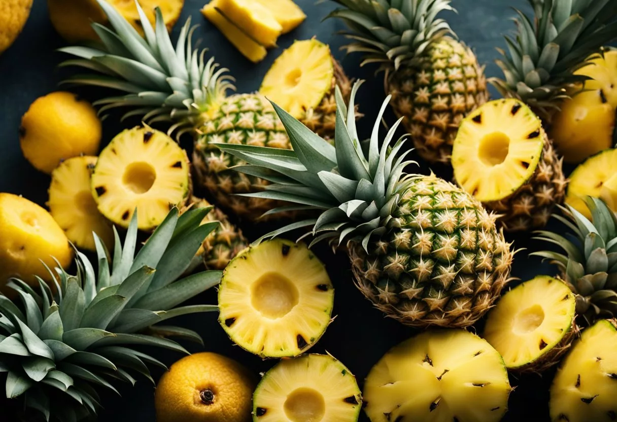 A pile of fresh and processed pineapple, with arrows pointing to a healthy body and a sick body, illustrating the effects of daily consumption