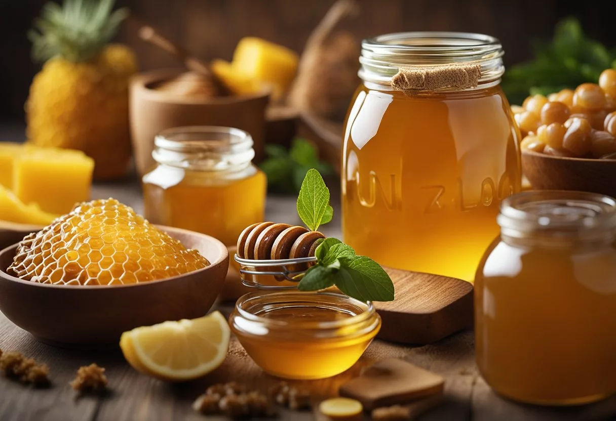 A jar of honey surrounded by a variety of healthy foods, with a glowing aura emanating from it, symbolizing the positive impact of daily honey consumption on the body