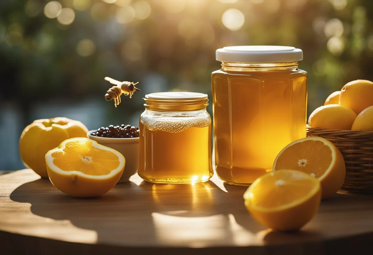 A jar of honey sits on a table, surrounded by various fruits and a cup of tea. A beam of sunlight shines on the jar, highlighting its golden color