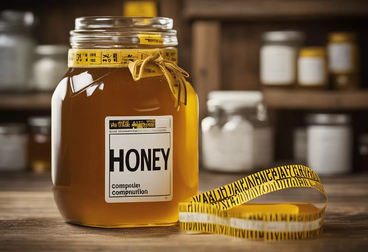 A jar of honey surrounded by warning signs and caution tape. A magnifying glass hovers over the jar, emphasizing the potential risks and considerations of daily honey consumption