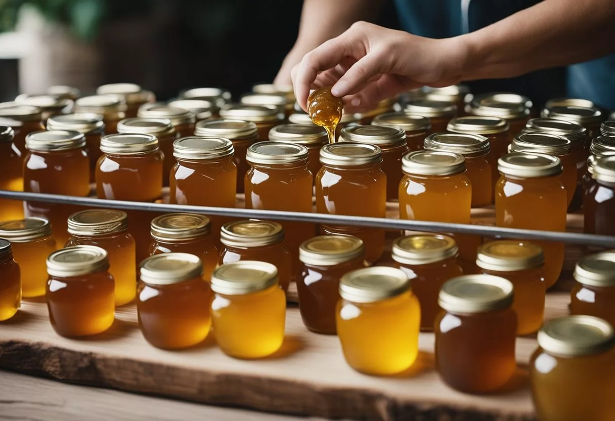 A table filled with jars of different colored and textured honey. A person eating honey daily, with a healthy body and glowing skin