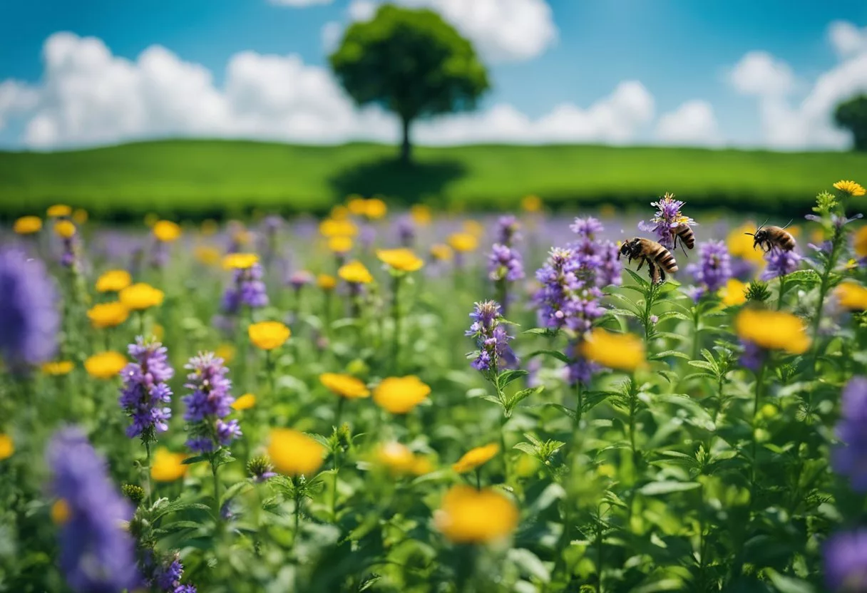 A lush green field with bees buzzing around colorful flowers, a beehive nestled in a tree, and a clear blue sky above