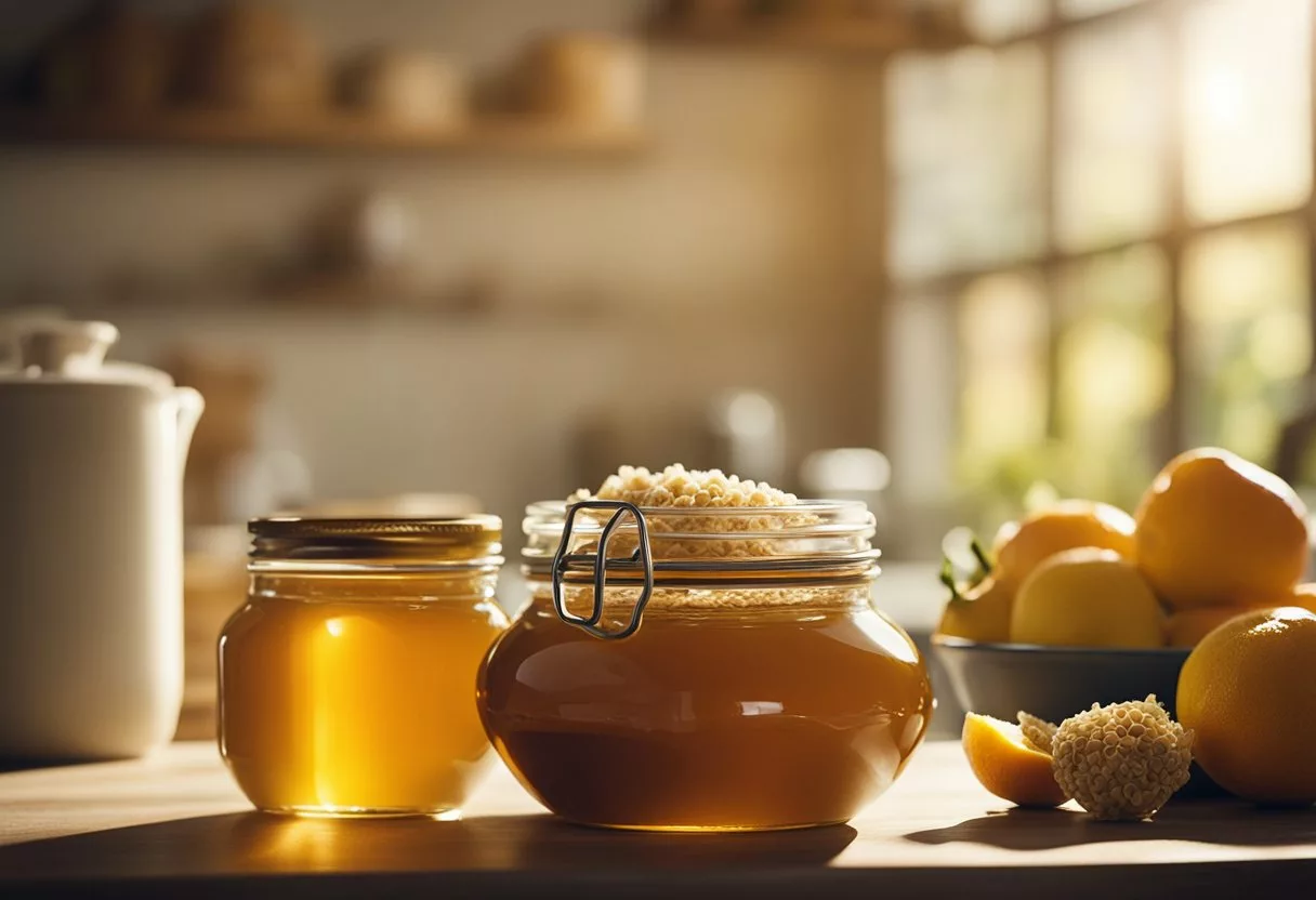 A jar of honey sits on a kitchen counter, surrounded by fresh fruits and a bowl of oatmeal. A beam of sunlight illuminates the scene, highlighting the natural sweetness and health benefits of incorporating honey into a daily diet