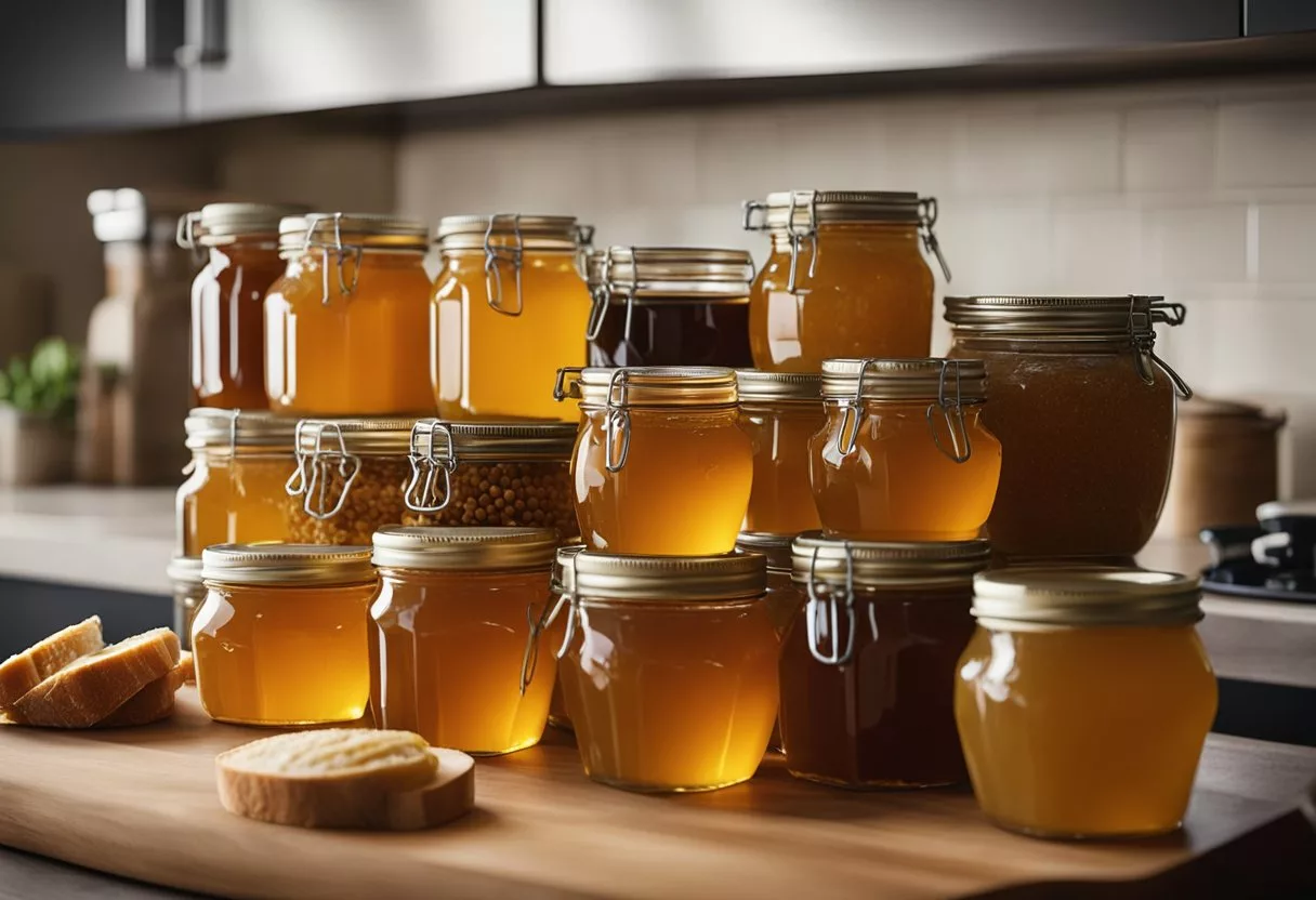 A jar of honey sits on a kitchen counter, surrounded by fresh fruits and a loaf of bread. A pantry shelf holds multiple jars of honey, neatly organized and labeled