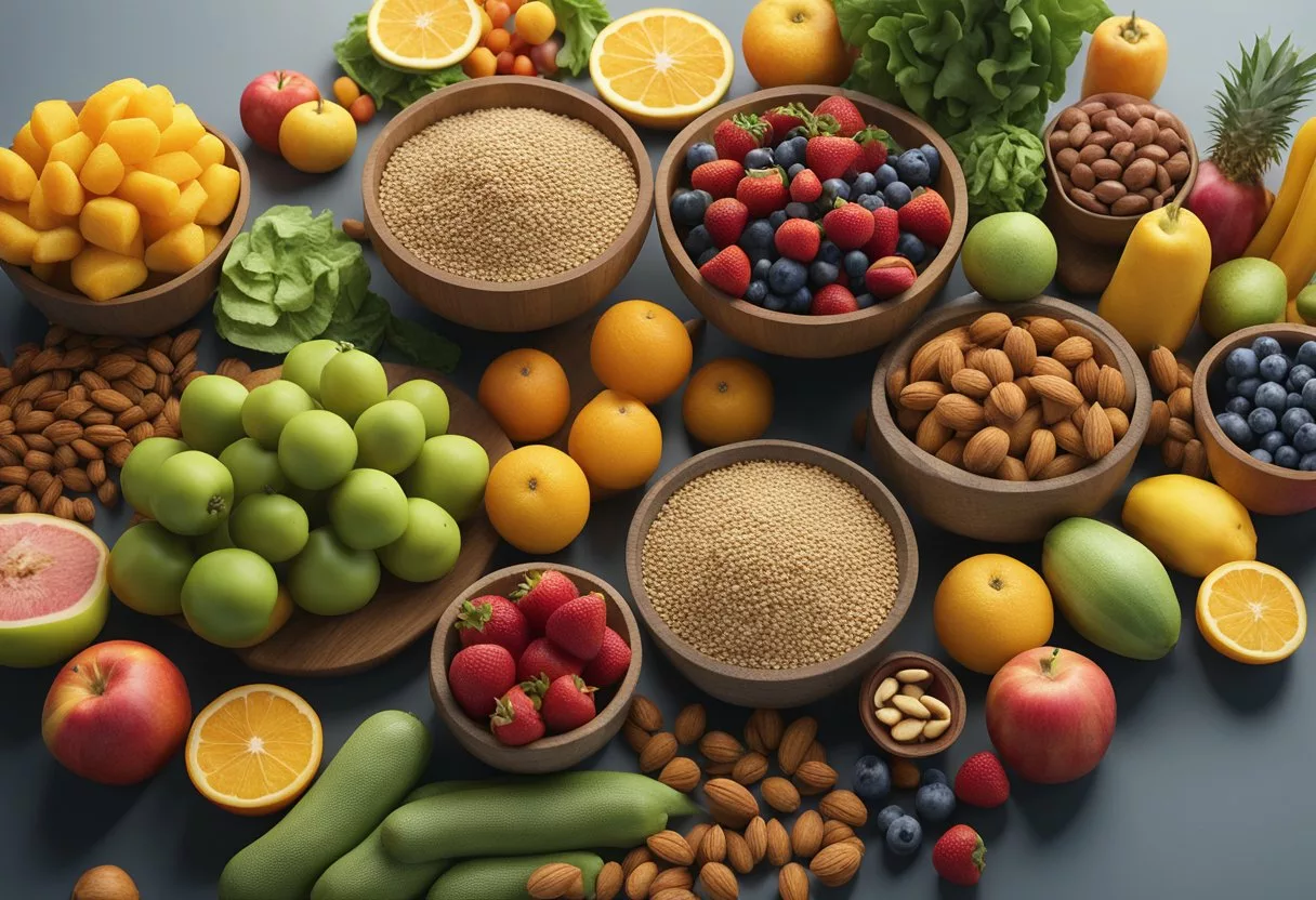 A table filled with colorful fruits, vegetables, nuts, and whole grains. A variety of healthy foods arranged in an appealing display