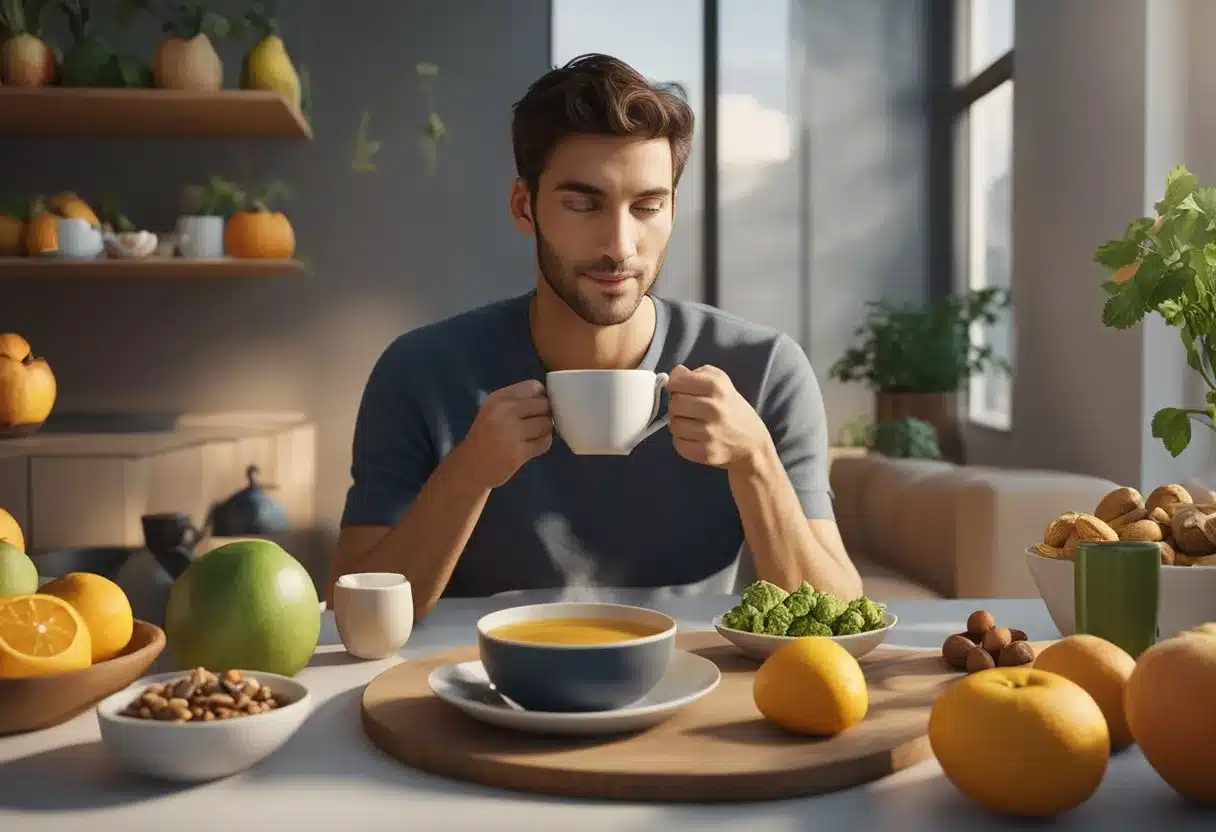 A person enjoying a cup of tea surrounded by heart-healthy foods like fruits, vegetables, and nuts