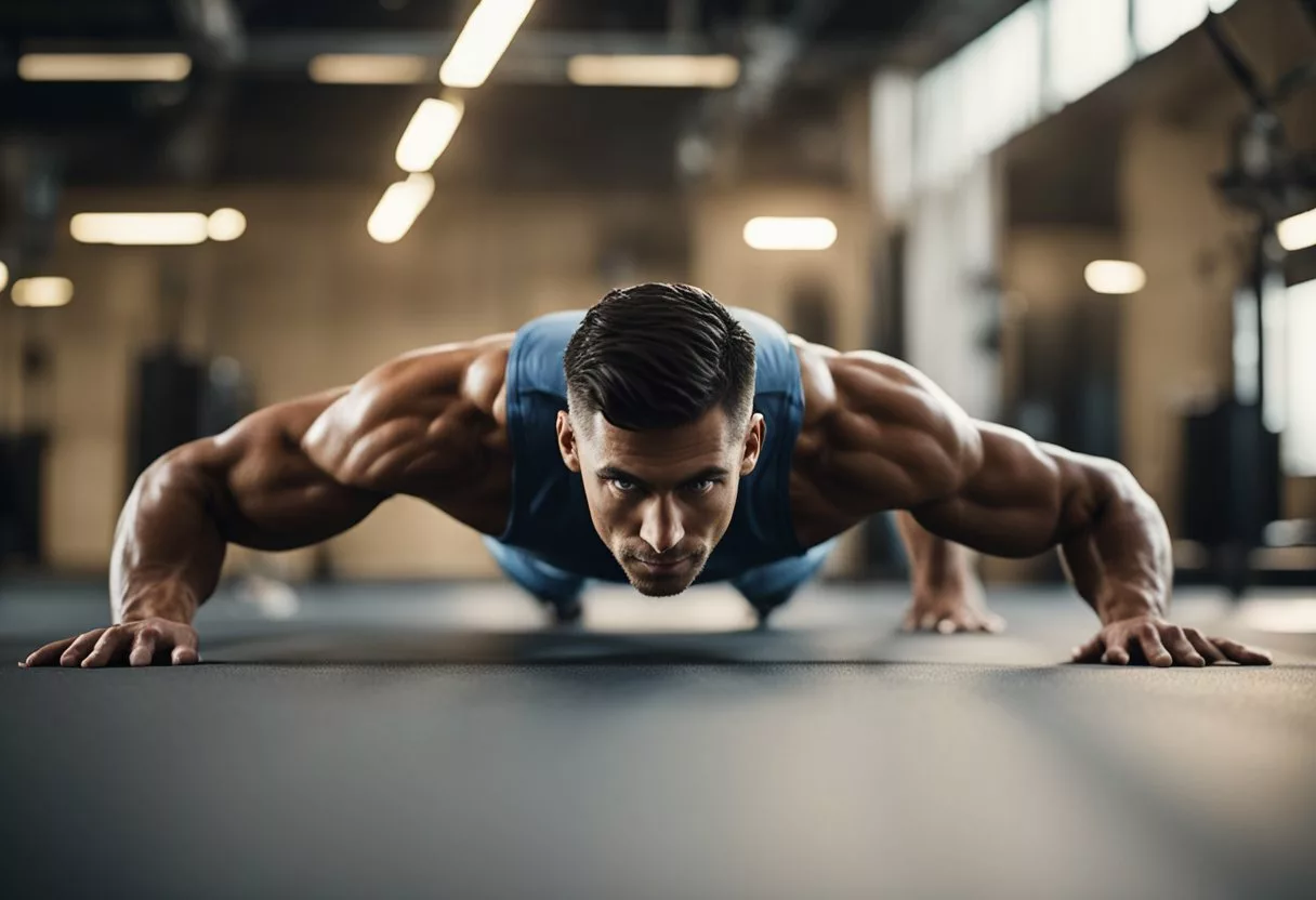 A person is doing push-ups daily, showing increased muscle strength and endurance. Sweat drips down their face as their body becomes more toned and defined