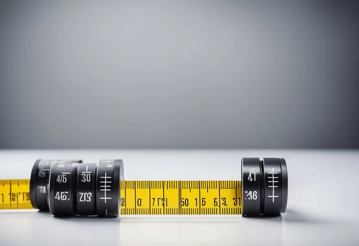 A stack of push-up bars surrounded by a tape measure and a graph showing steady progress with occasional plateaus