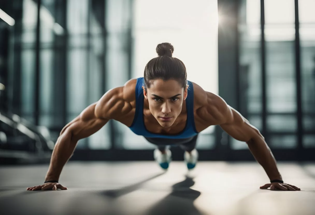 A figure in a push-up position, muscles engaged, body aligned, repeating the motion daily