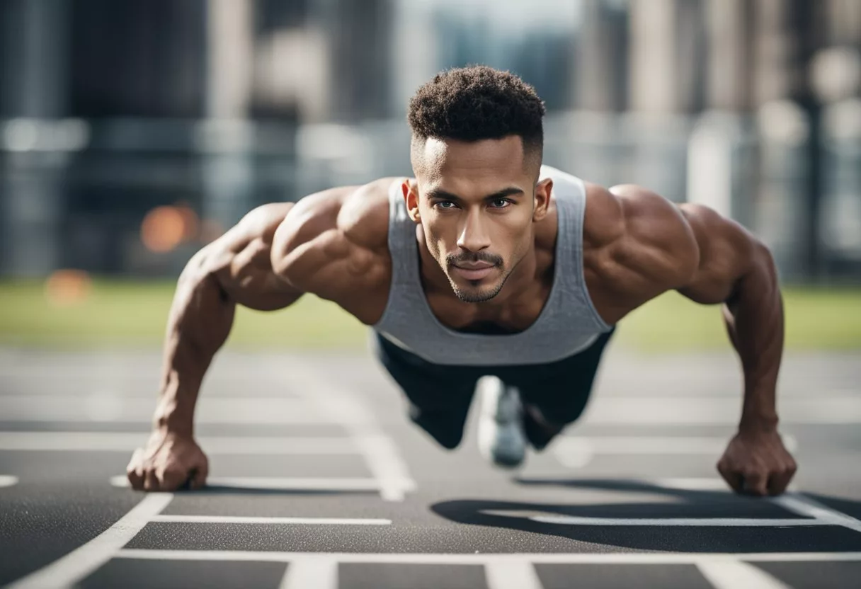 A figure performing various push-up variations, showing strength and endurance progressions in a dynamic and engaging manner