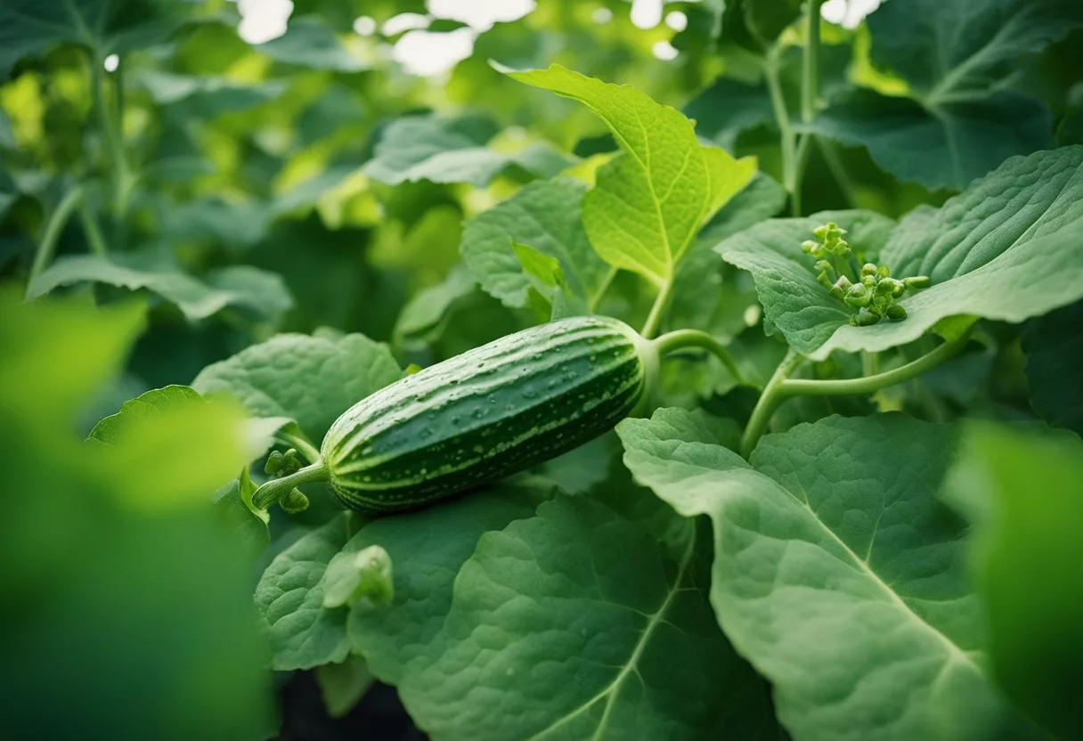 A cucumber plant grows, with vibrant green leaves and long, slender fruits. The fruits are harvested and sliced, revealing their juicy, crisp texture