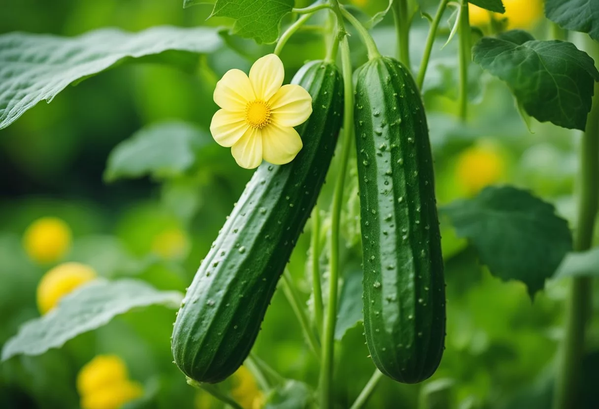 A cucumber plant grows tall, with vibrant green leaves and delicate yellow flowers. The fruit emerges, long and cylindrical, with a smooth, waxy skin