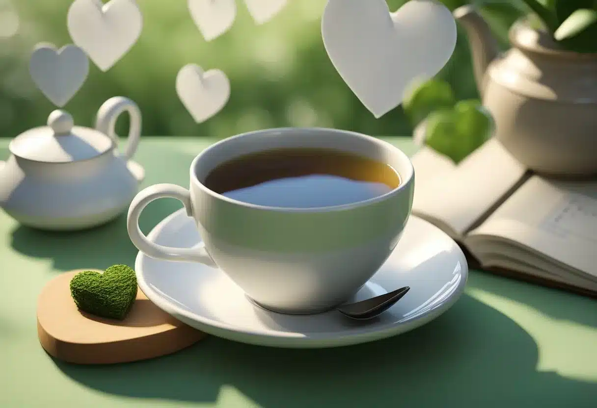 A steaming cup of tea surrounded by heart-shaped tea bags and a heart rate monitor, with a background of calming greenery