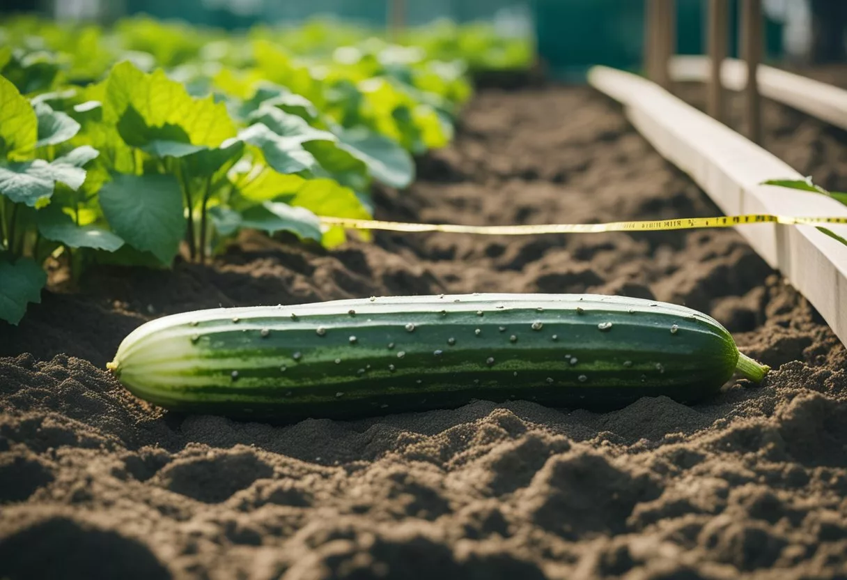 A cucumber growing in a garden, surrounded by warning signs and caution tape