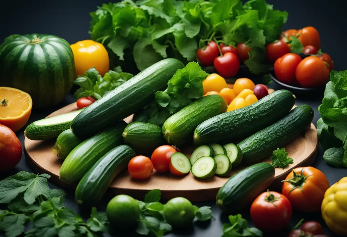 A vibrant cucumber plant surrounded by various fruits and vegetables, symbolizing the broader context of health