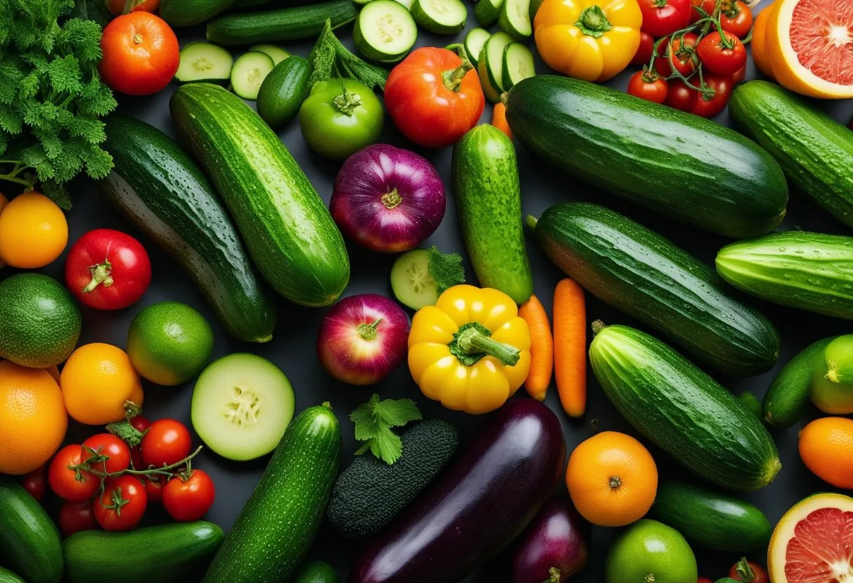 A pile of fresh cucumbers surrounded by a variety of colorful fruits and vegetables, with a glowing aura emanating from them, symbolizing the positive impact on the body from daily consumption