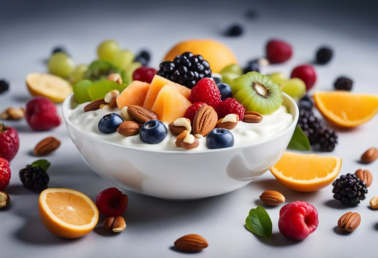 A bowl of yogurt surrounded by various fruits and nuts. A glowing aura emanates from the bowl, symbolizing the positive effects on the body from consuming yogurt daily