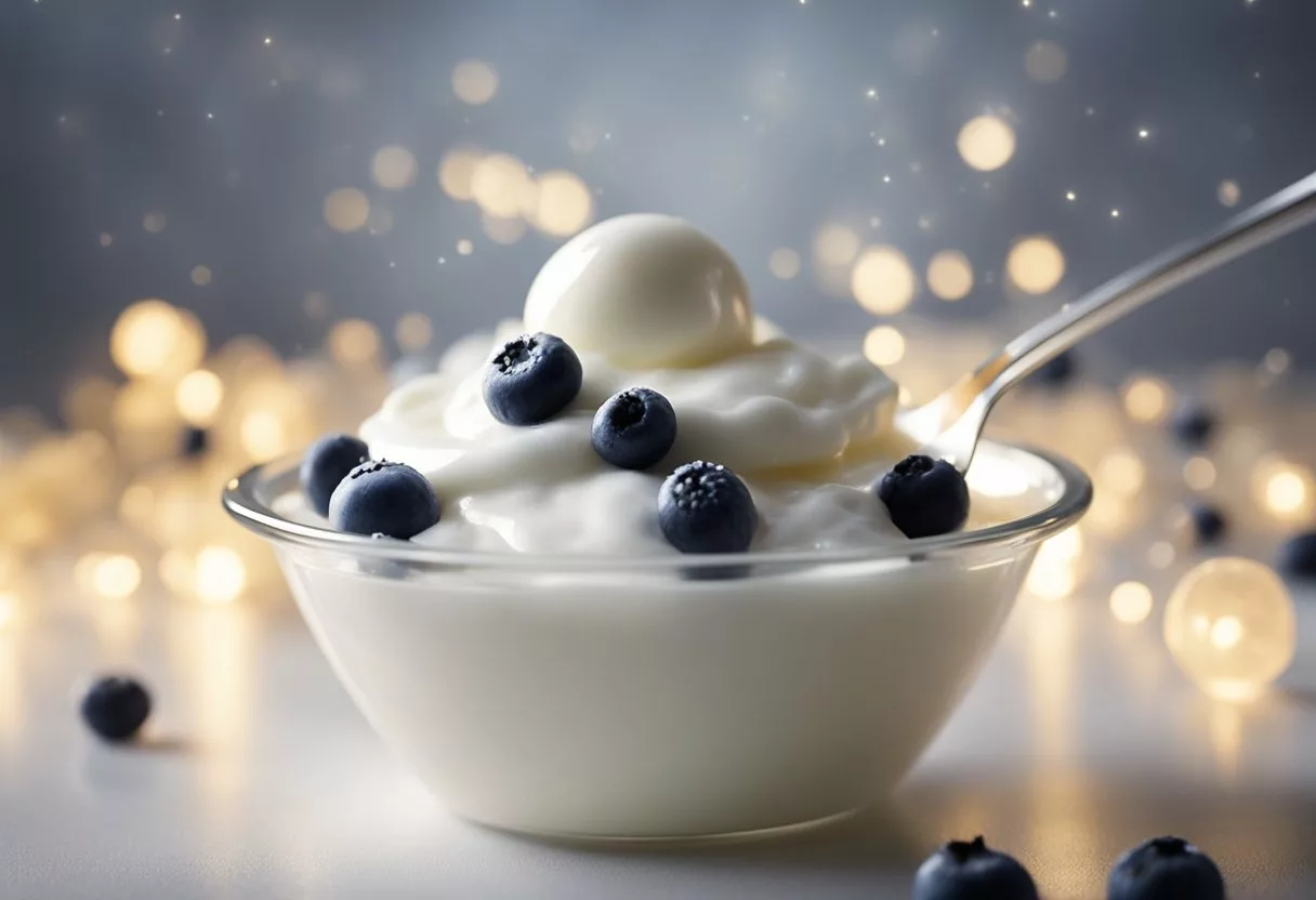 A spoonful of yogurt floats in a glowing halo, radiating beams of light. Around it, tiny microbes dance and multiply, symbolizing the health benefits of daily consumption