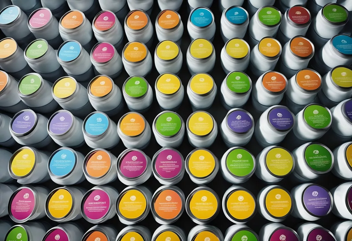 A colorful array of yogurt containers, each labeled with different varieties and their unique benefits. A body silhouette surrounded by a glowing aura, symbolizing the positive effects of daily yogurt consumption