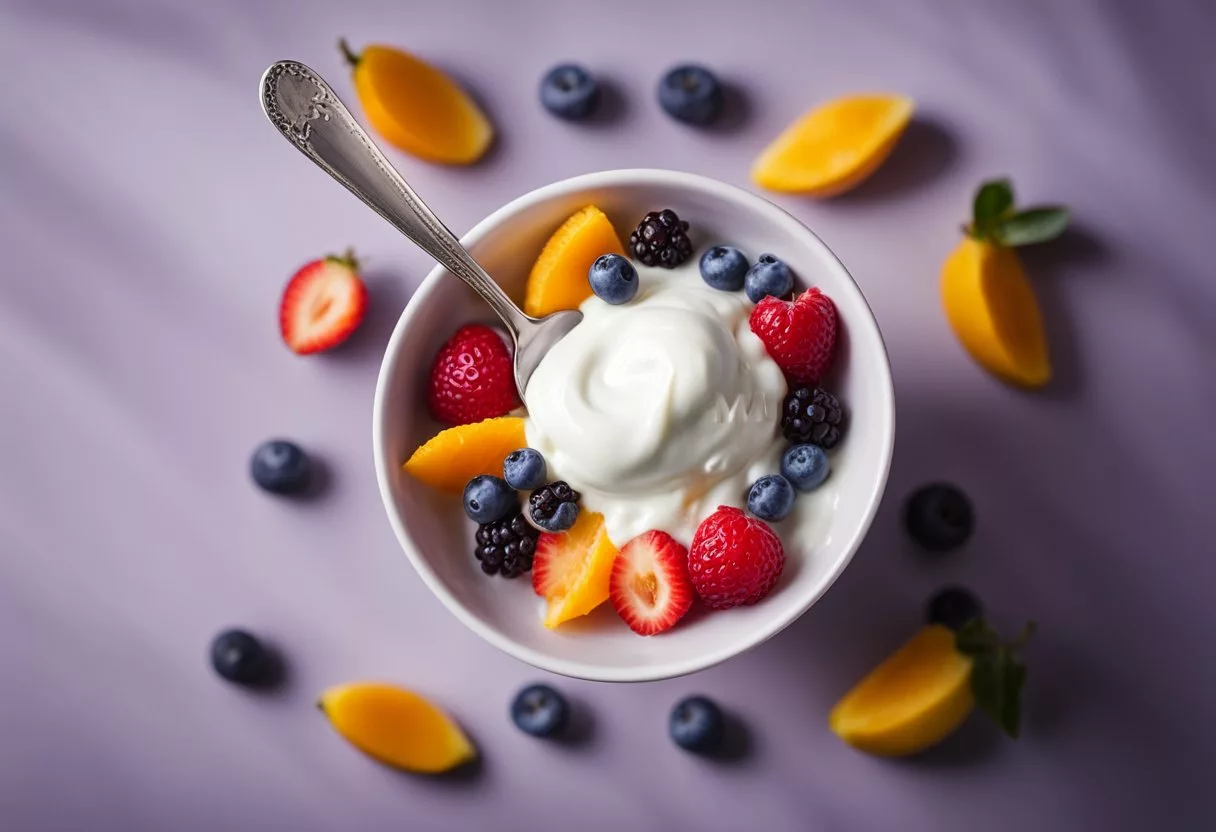 A spoonful of yogurt hovers over a colorful bowl of fruit, symbolizing the daily incorporation of yogurt into a balanced diet