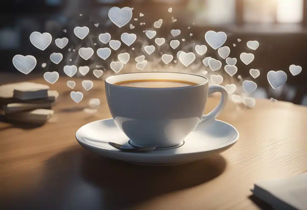 A steaming cup of tea surrounded by images of healthy hearts and a list of risk factors