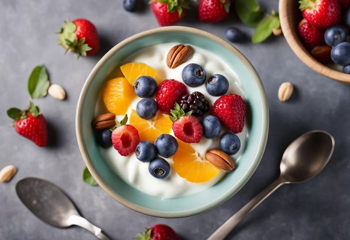 A colorful bowl of yogurt surrounded by a variety of fresh fruits and nuts, with a glass of milk on the side