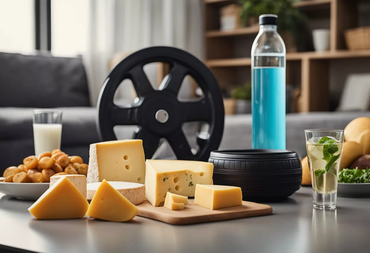 A wheel of cheese surrounded by various lifestyle elements: exercise equipment, a yoga mat, a healthy meal, and a bottle of water