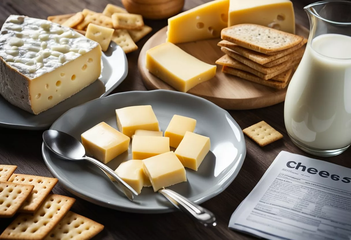 A table with a variety of cheeses, a glass of milk, and a plate of crackers. A magnifying glass highlighting the nutritional information on the cheese packaging