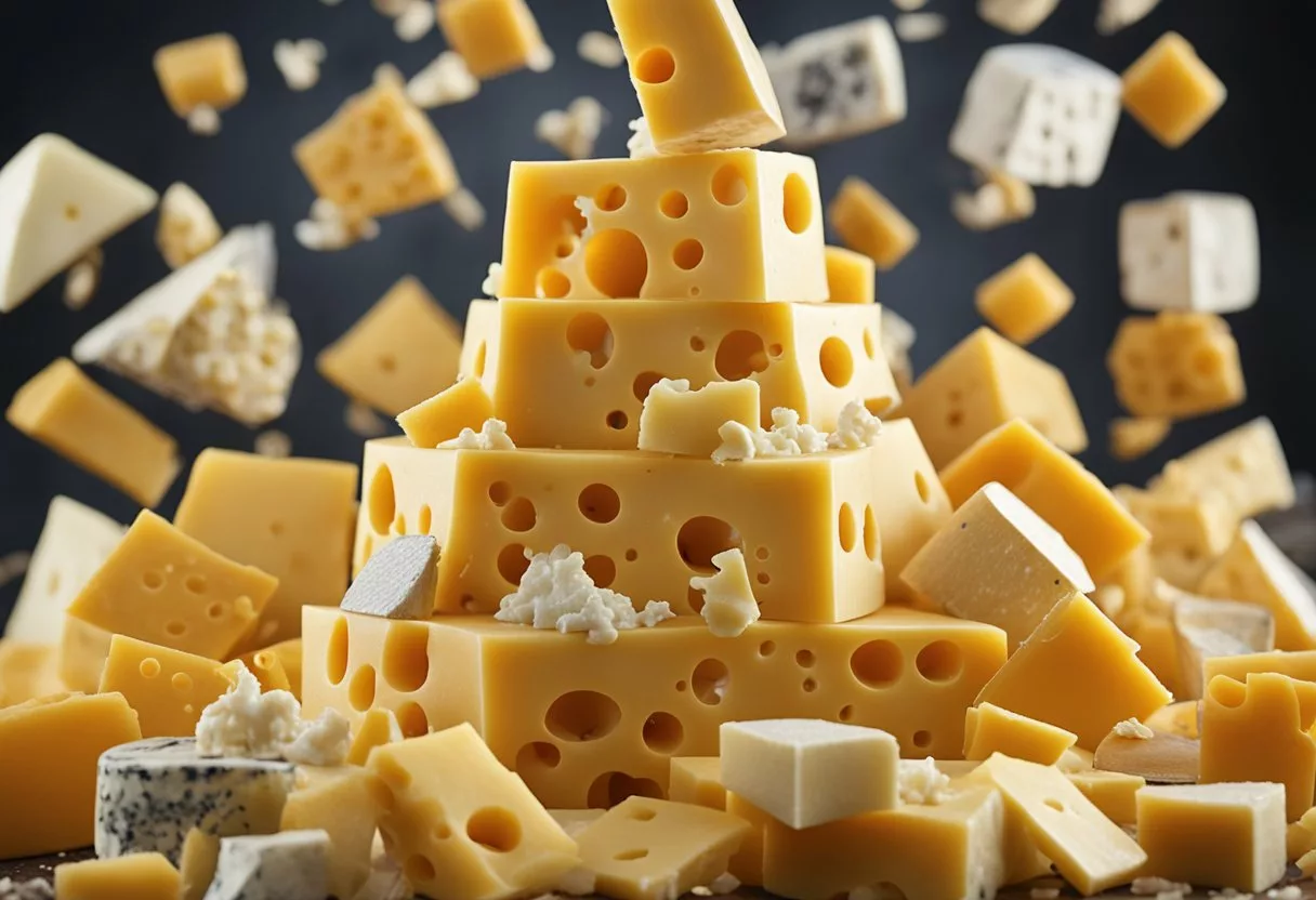 A mountain of cheese topples over, spilling onto a scale model of a body. The body is surrounded by warning signs and symbols of discomfort