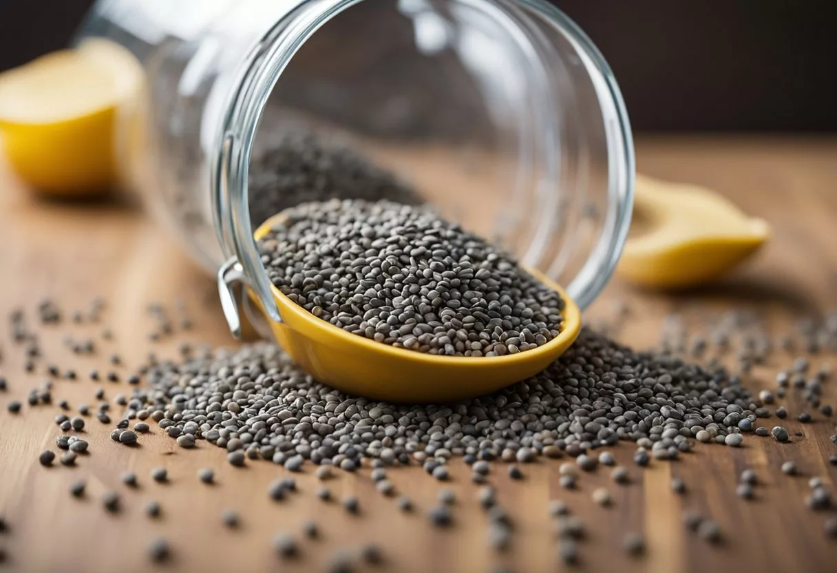 Chia seeds spill from a container, scattering across a table. A bottle of water and a measuring spoon sit nearby, emphasizing the need for caution and moderation when consuming the seeds daily