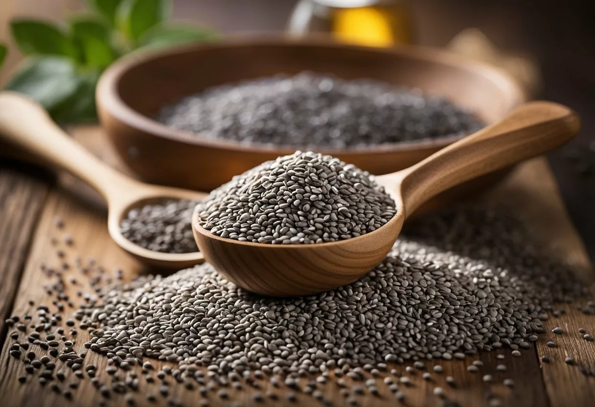 A pile of chia seeds sits on a wooden table next to a measuring spoon and a nutrition label. Sunlight streams in, casting a warm glow over the scene