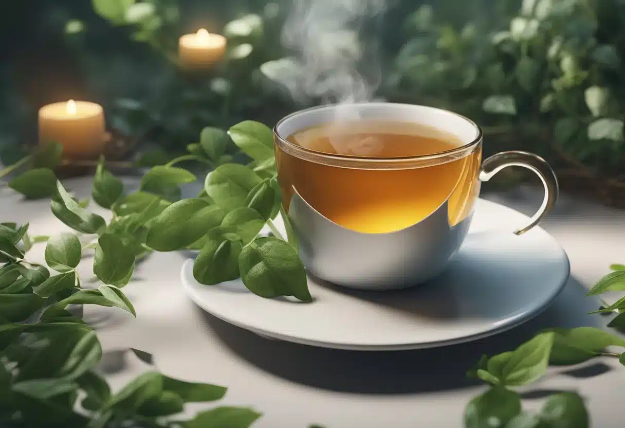 A steaming cup of tea sits beside a healthy heart, surrounded by leaves and herbs. The heart appears strong and vibrant, symbolizing the connection between tea and heart health