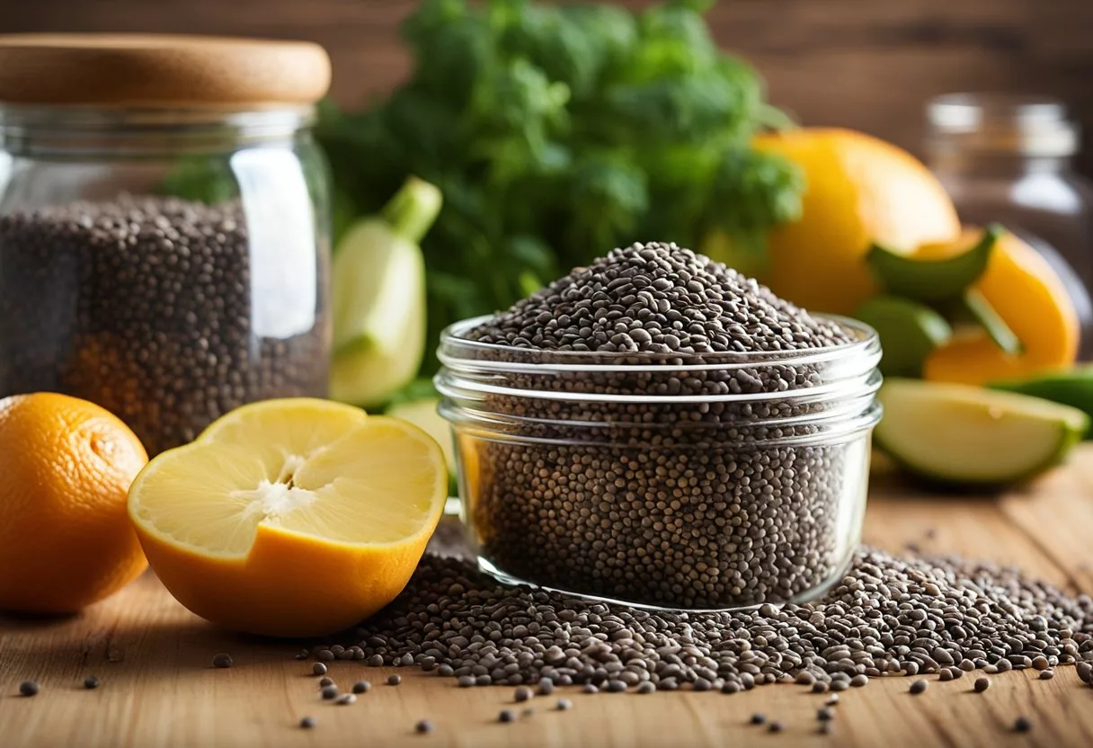 A pile of chia seeds spills from a glass jar onto a wooden surface, surrounded by various fruits and vegetables. A beam of sunlight illuminates the scene, highlighting the nutritious and natural aspects of daily chia seed consumption